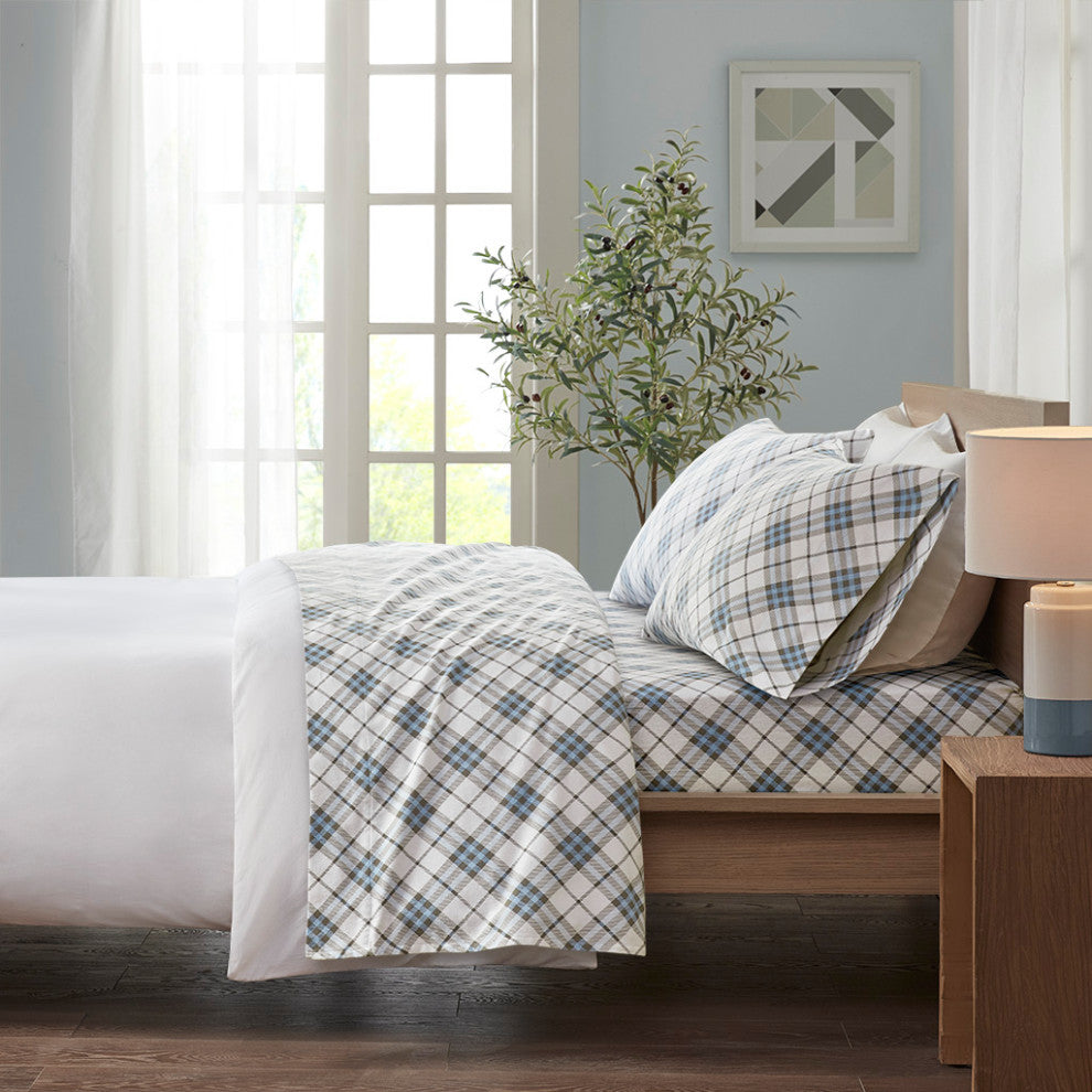 True North by Sleep Philosophy Cotton Flannel Winter Sheet Set, Plaid, Blue