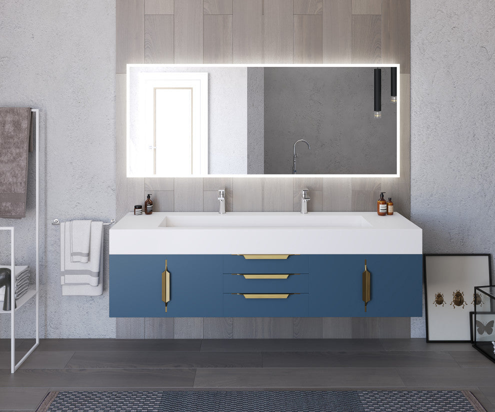 CastelloUSA Nile 72" Wall Mounted Bathroom Vanity Set, Blue, White Top, Gold Handles