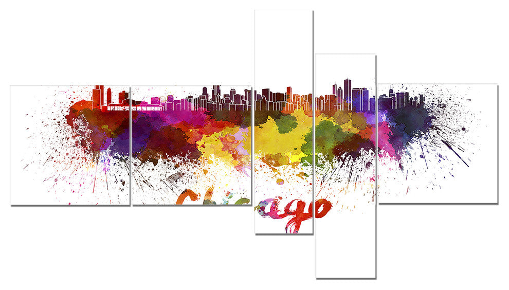 Chicago Skyline, Yellow, Cityscape Canvas Art Print, 60"x32", 5 panels