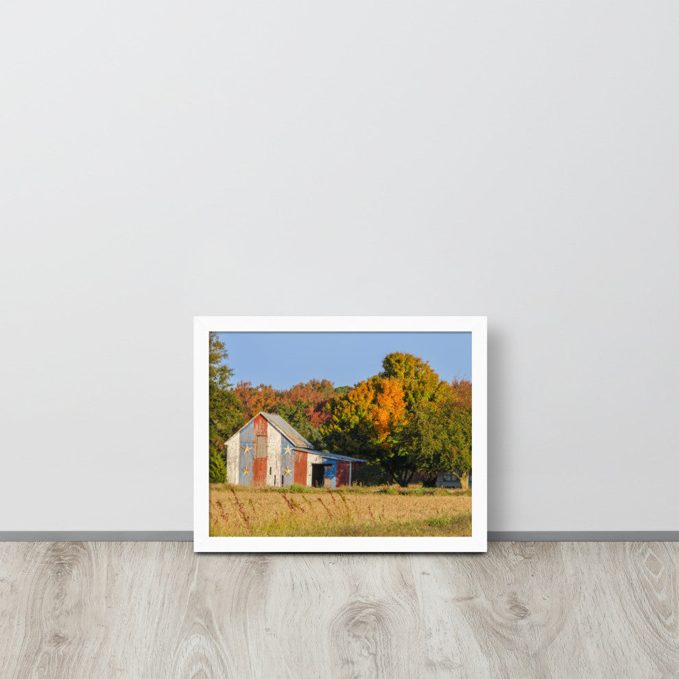Patriotic Barn in Field Rural Landscape Framed Photo Paper Wall Art Prints, White, 11" X 14"