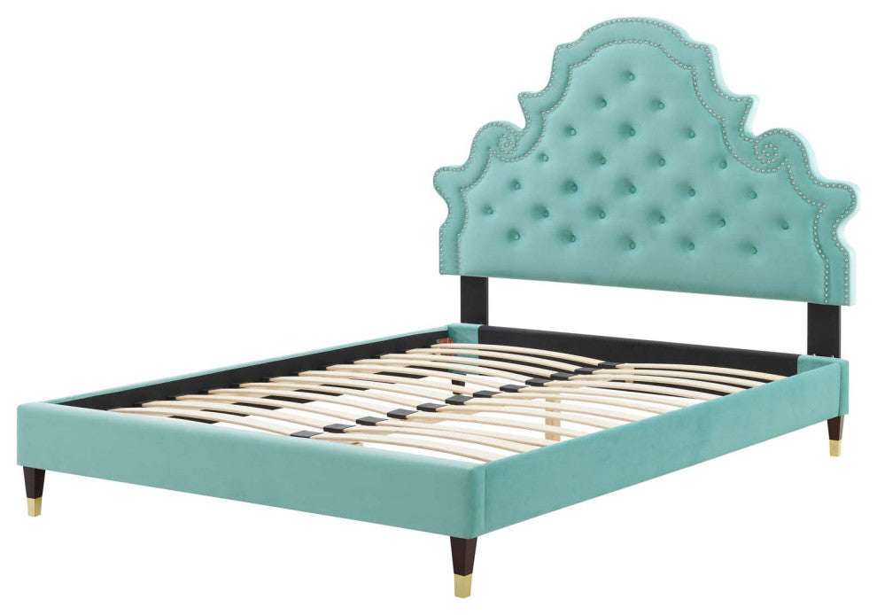 Tufted Platform Bed Frame, Full Size, Velvet, Blue, Modern Contemporary, Bedroom