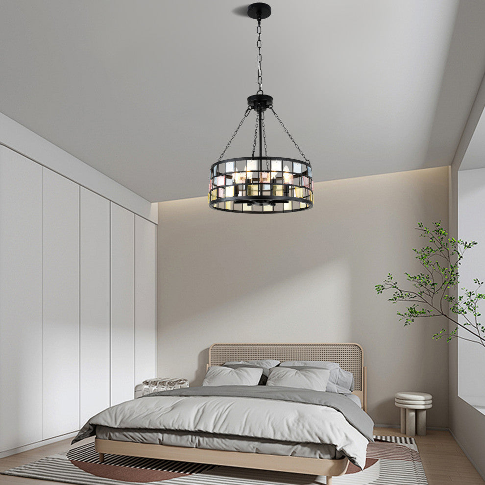 20" Modern Tiffany DIY Chandelier, 6-Light w 24" Adjustable Hanging Chain, Weathered Wood