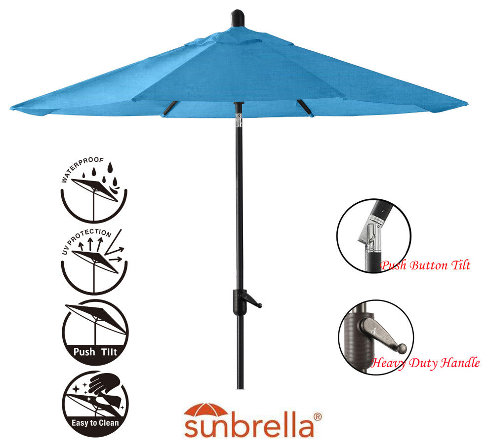 9' Round Push Tilt Market Umbrella, Black Frame, Sunbrella, Capri