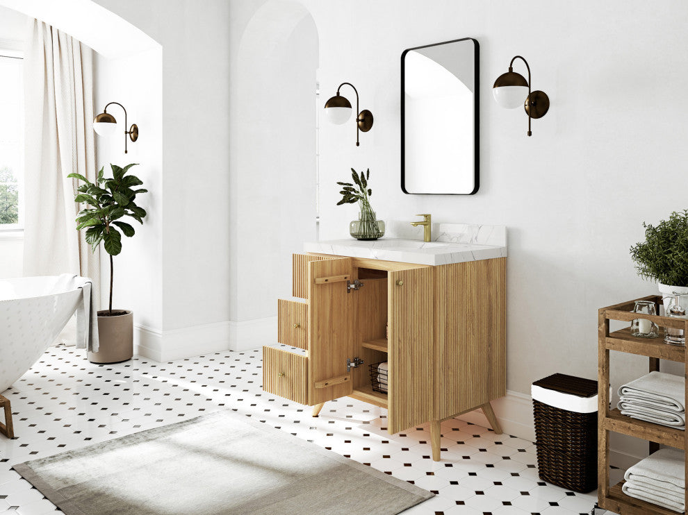 Pasadena 36 Center Sink Bath Vanity in Light Natural Teak 2" Carrara Marble