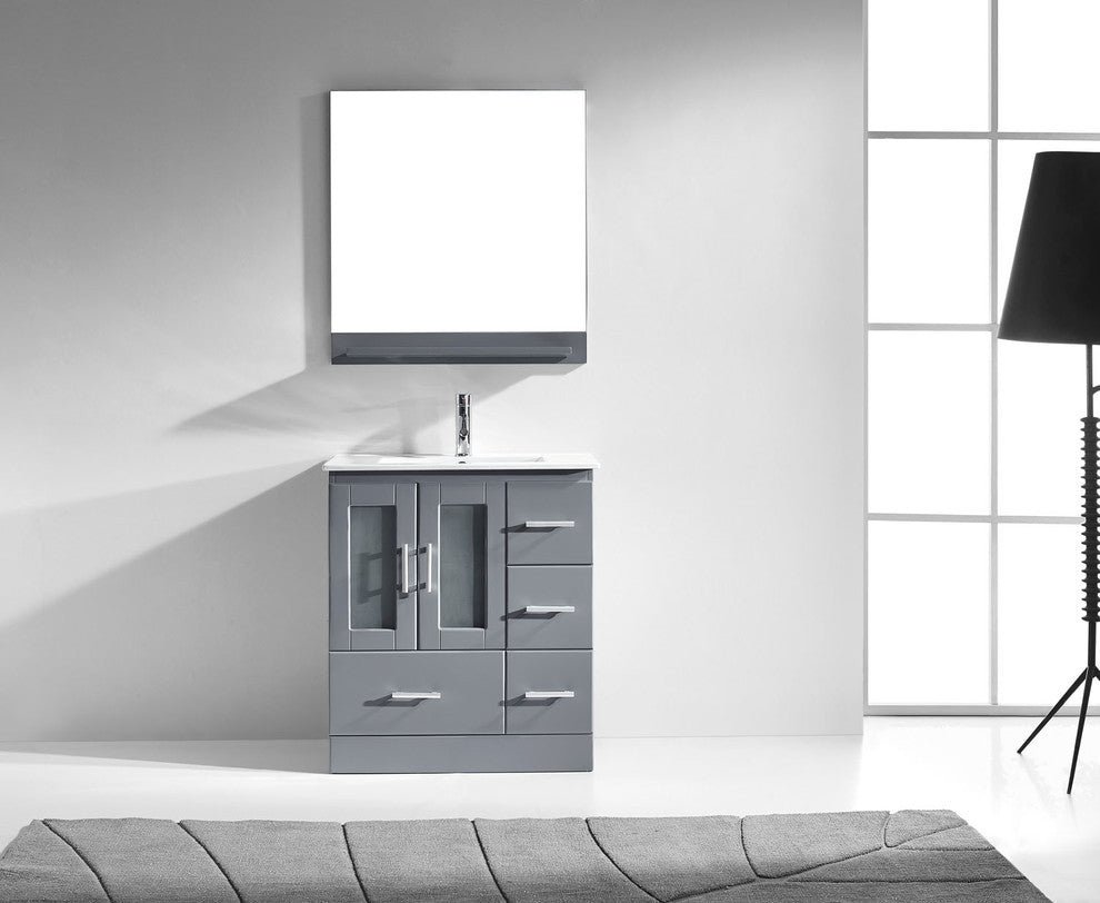Virtu Zola Single Bathroom Vanity, Brushed Nickel Faucet and Mirror, Gray