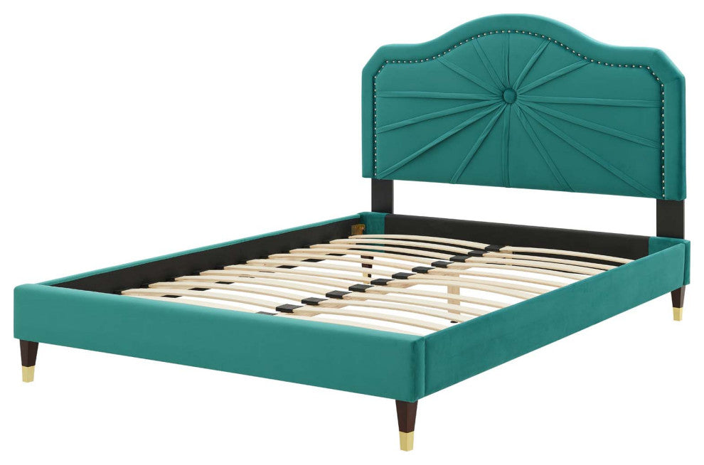Platform Bed Frame, Full Size, Velvet, Teal Blue, Modern Contemporary, Bedroom