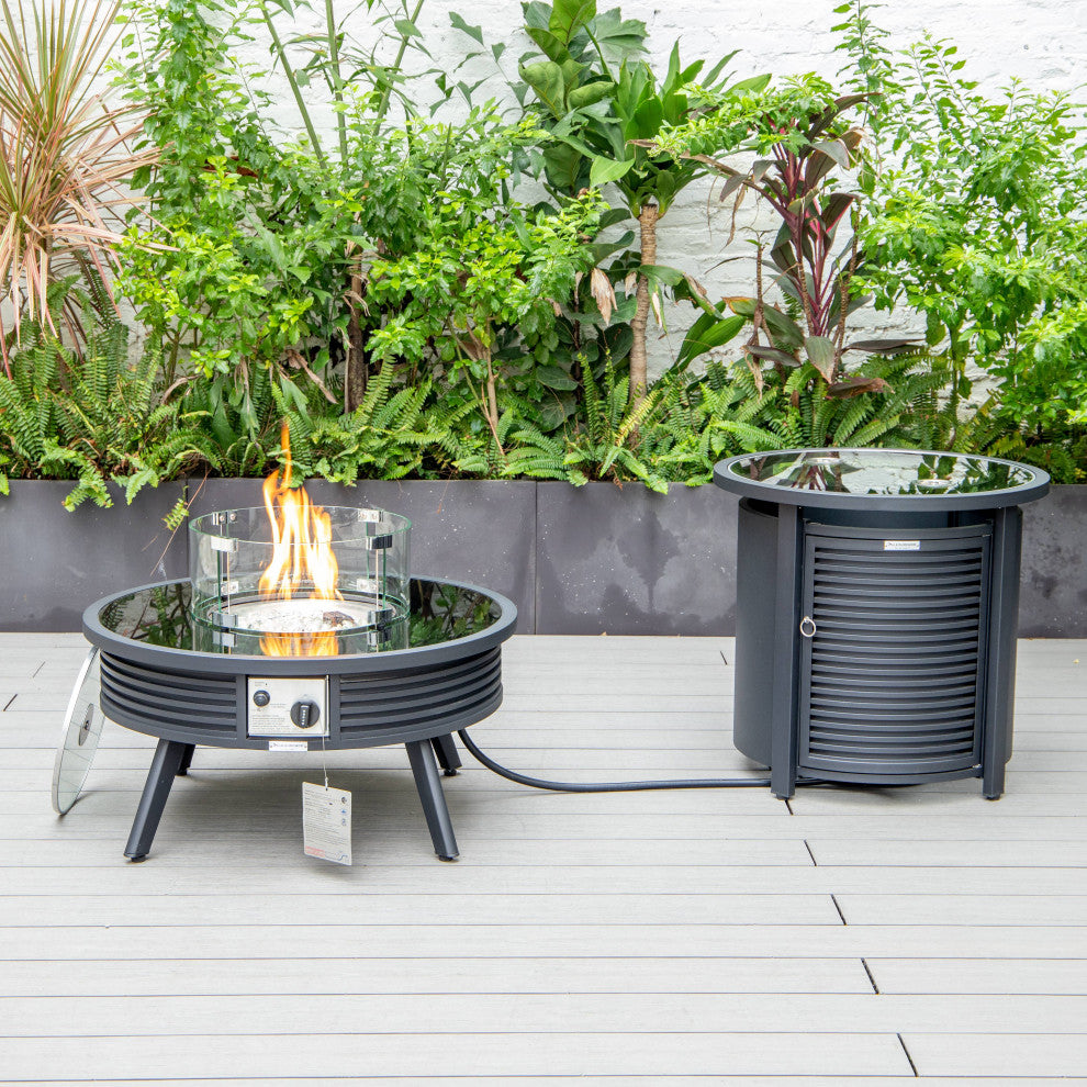 LeisureMod Walbrooke Round Fire Pit Table and Tank Holder With Slats, Black