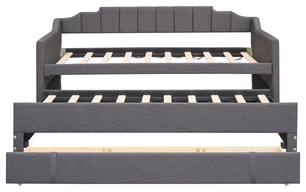 Gewnee Twin Size Upholstered Daybed with Trundle and Three Drawers in Grey