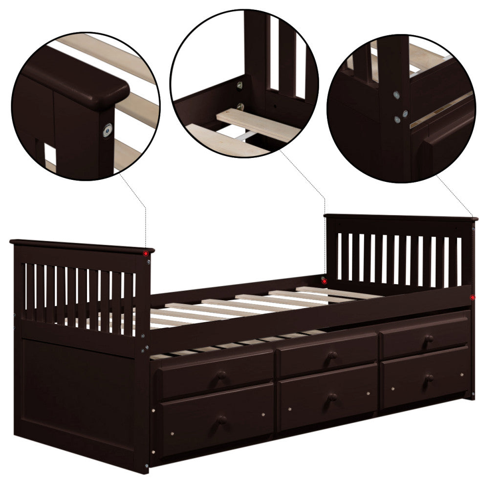 Captain's Bed Twin Daybed with Trundle and Storage Drawers, Espresso
