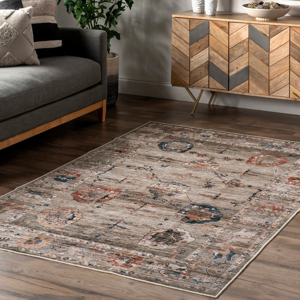 Nuloom Cleora Vintage Floral Machine Washable Area Rug, Taupe 4'x6'