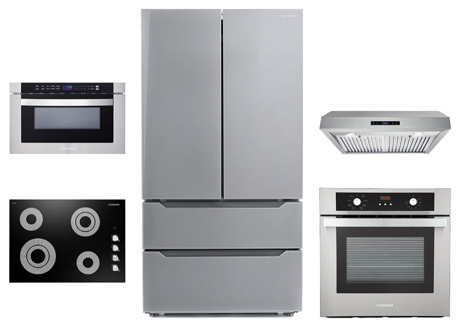 5PC, 36" Cooktop 30" Range Hood 24" Wall Oven 24.4" Microwave & Refrigerator