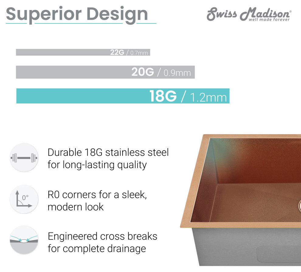 Tourner 21"x18" Stainless Steel, Single Basin, Undermount Sink, Rose Gold