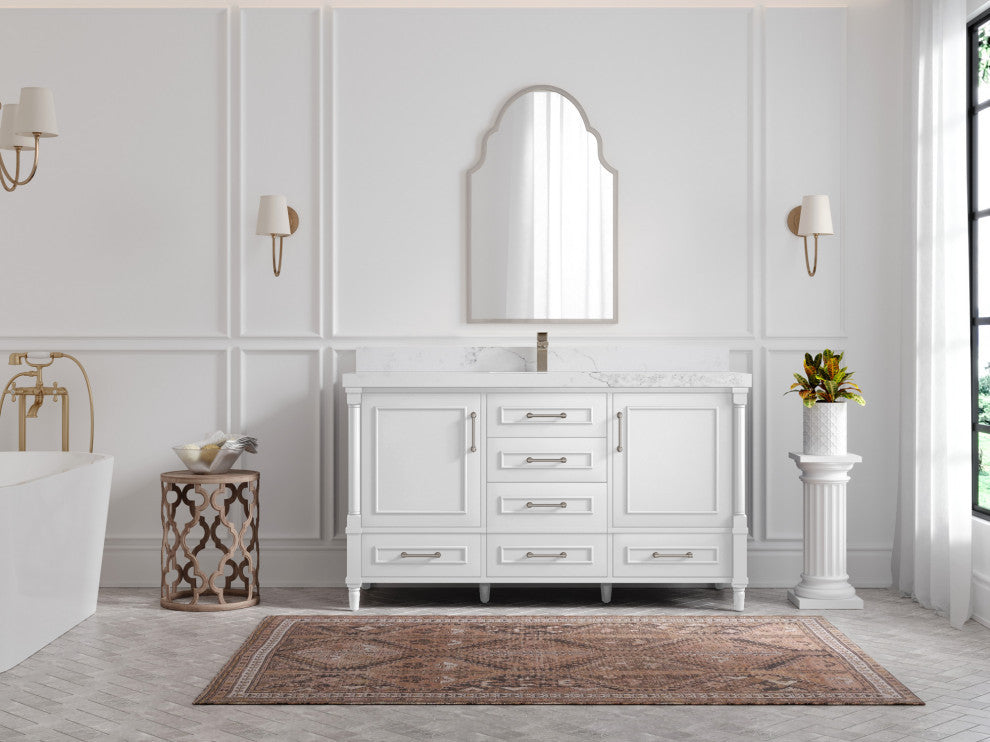 Aberdeen 60 Single Bathroom Vanity in White 2" Calacatta Nuvo