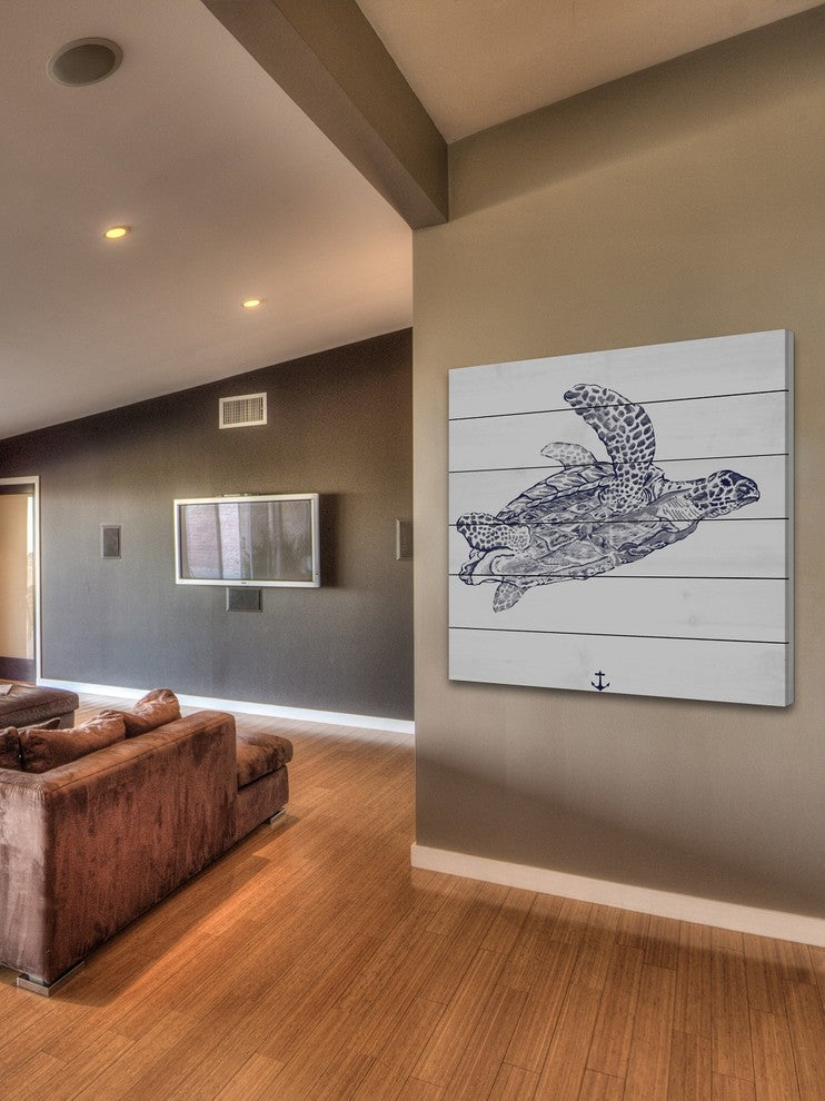 "Blue Turtle" Painting Print on White Wood