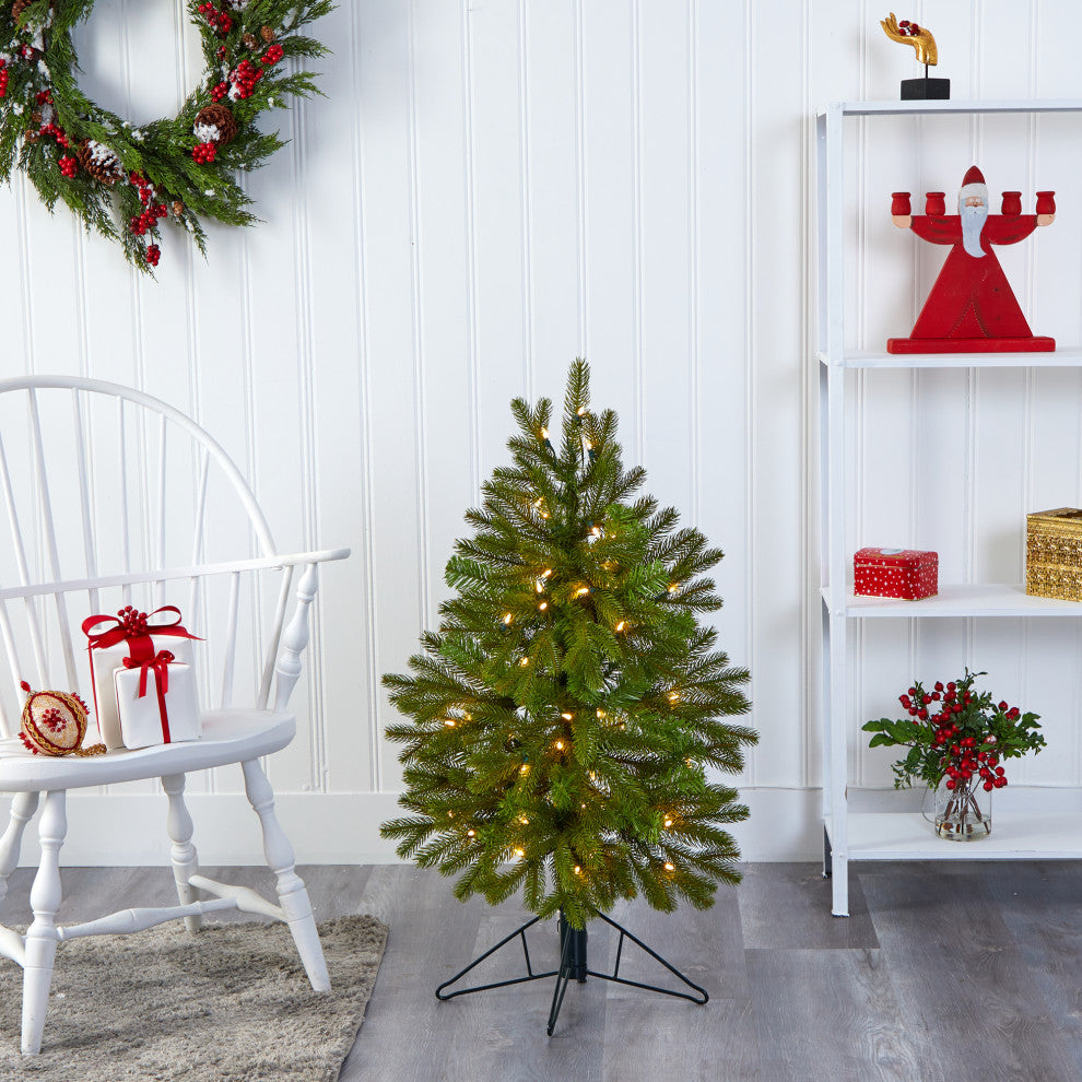 3' Cambridge Spruce Flat Back Faux Xmas Tree W/ White Lights & Bendable Branches