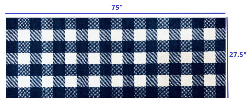 2' x 6' Navy and White Buffalo Plaid Washable Runner Rug