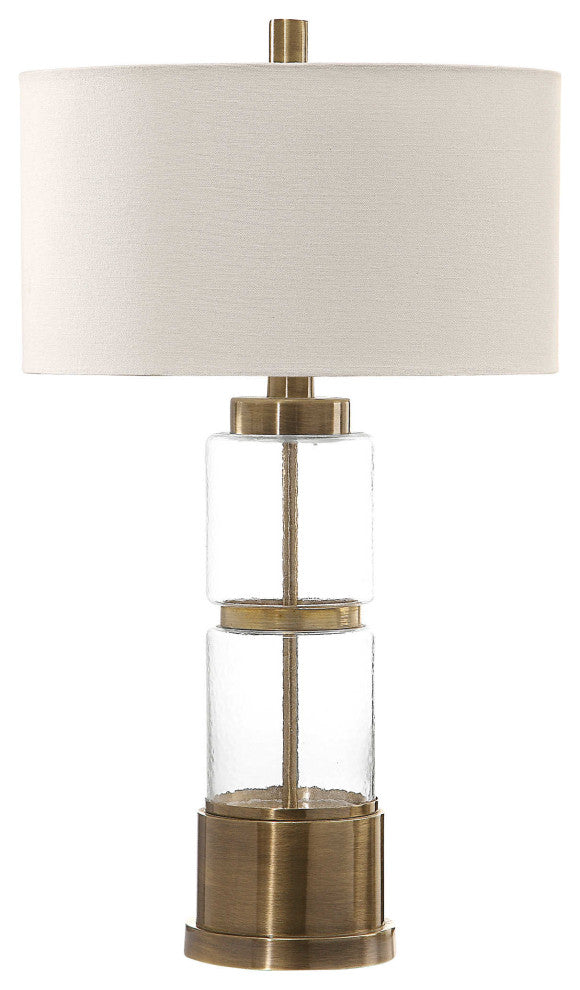 Mid Century Hammered Glass Cylinder Table Lamp, Brass Bronze White Round Clear