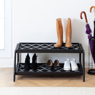 Double-Tier Black Stand With 3-Pair Rubber Boot Trays San Tropez