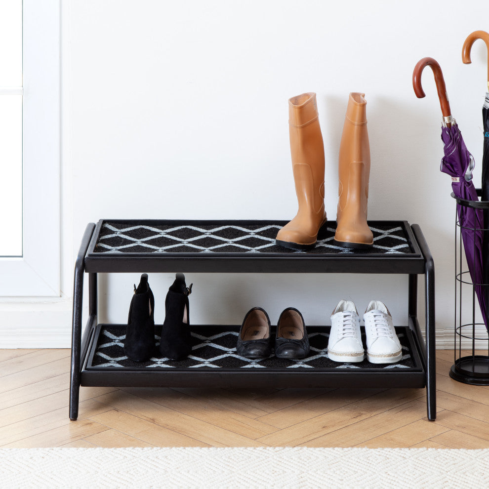 Double-Tier Black Stand With 3-Pair Rubber Boot Trays San Tropez
