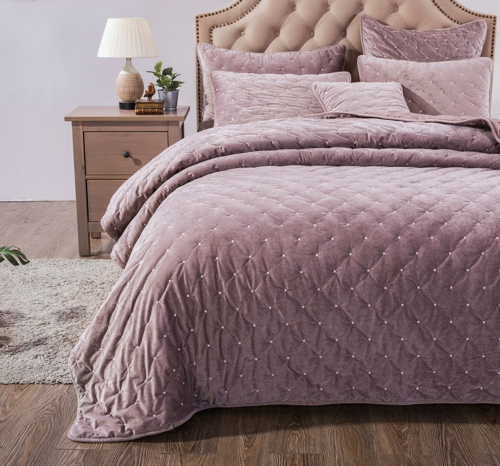 Mauve Velvet Diamond Tuft Bedspread Quilt Set, Cal King