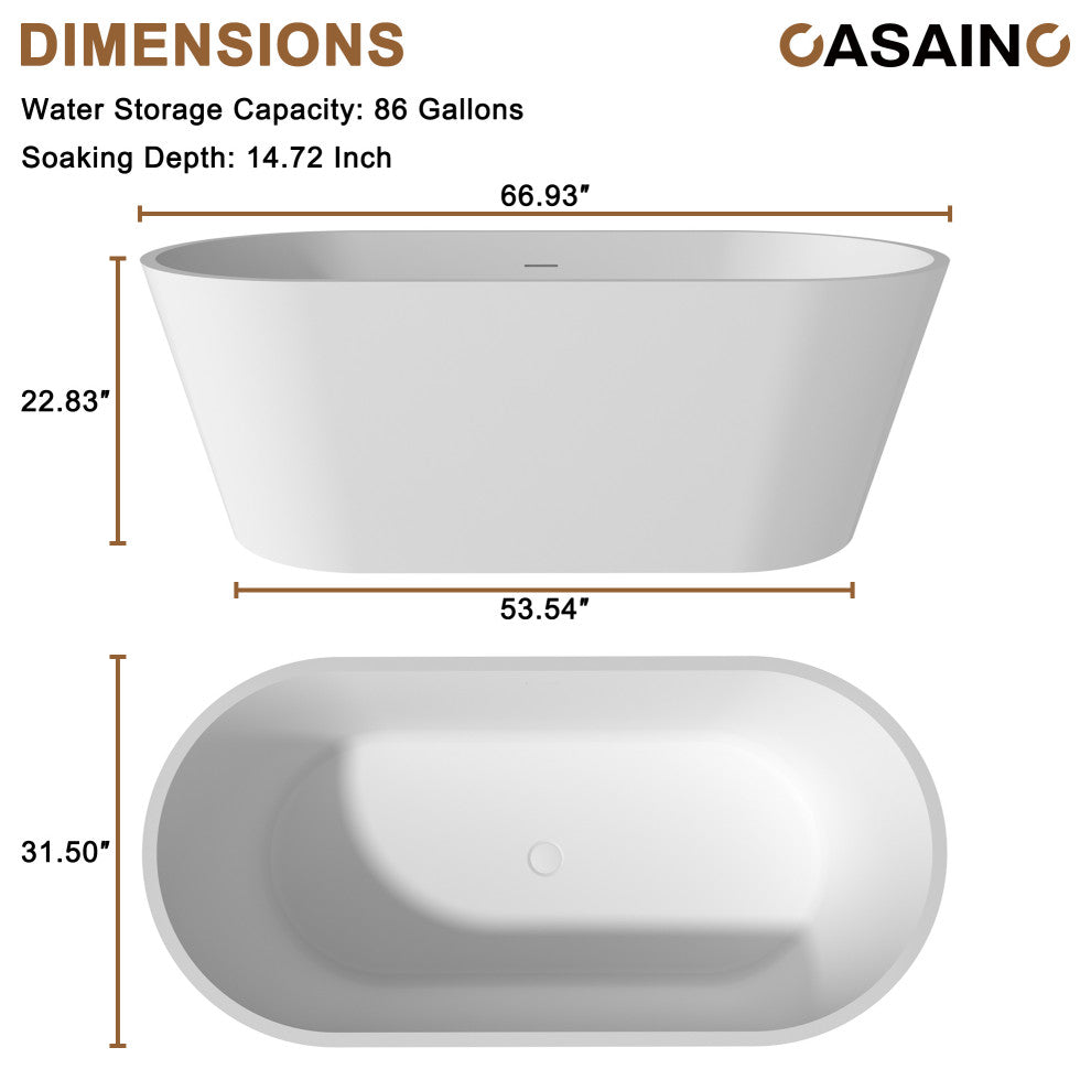 59in White Solid Surface Freestanding Soaking Bathtub with Drain, 67in