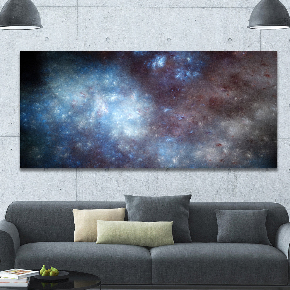 Blue Grey Starry Fractal Sky, Oversized Abstract Canvas Art Print, 60x28