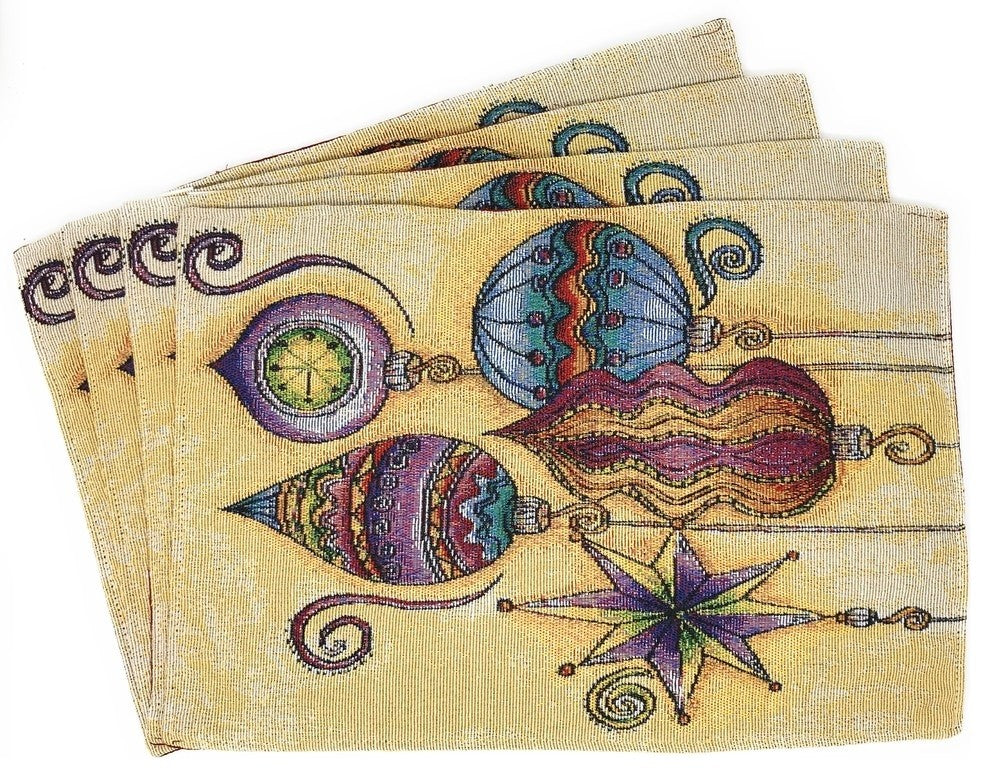 Set of 4 Elegant Ornaments Festive Christmas Tapestry Placemats 13 x 19