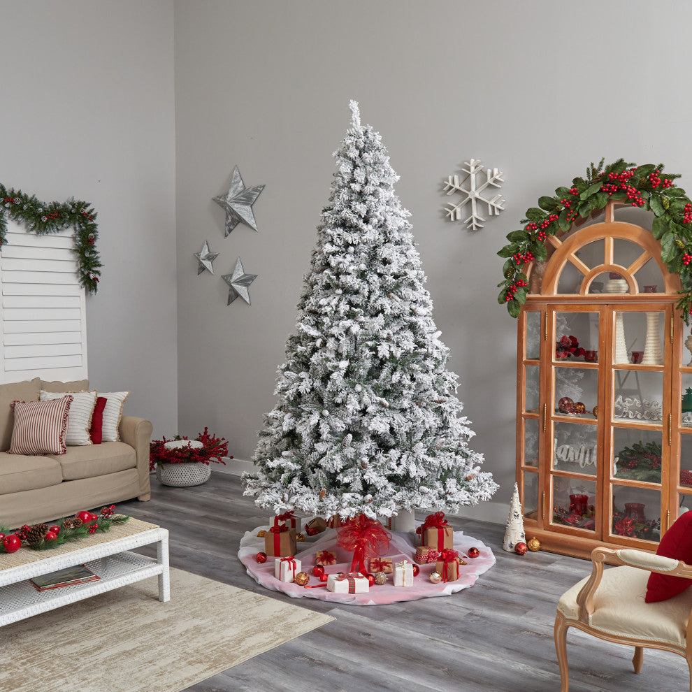 9' Flocked White River Mountain Pine Christmas Tree With Pinecones, 650 LEDs