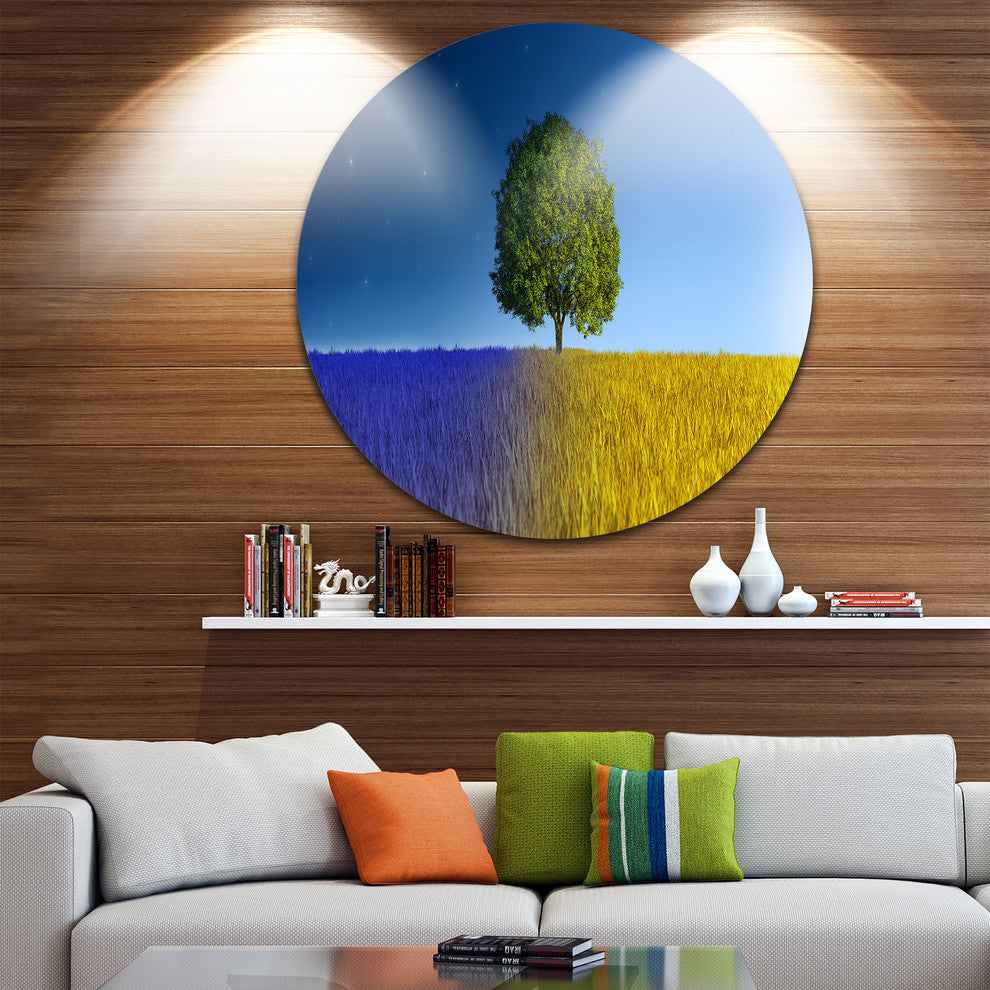 Tree In Night And Day, Landscape Art Round Metal Wall Art, 11"