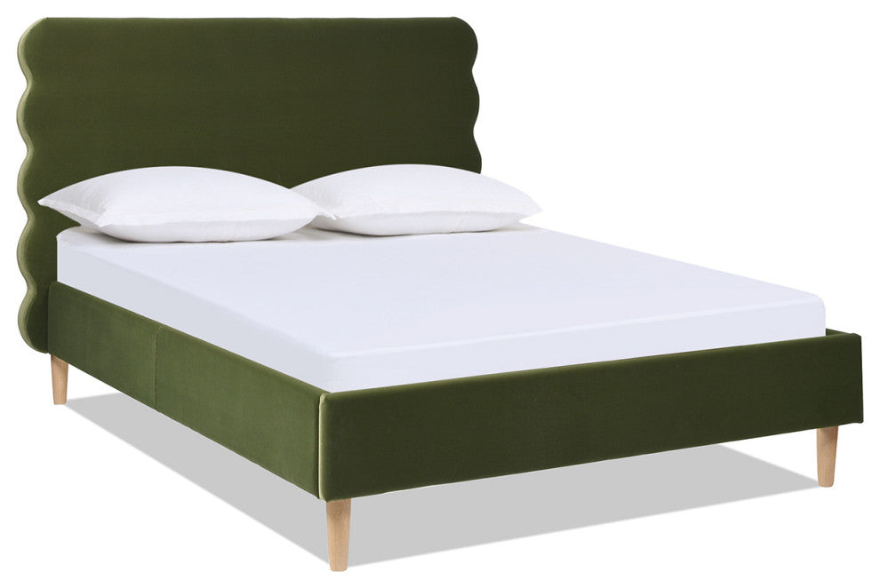 Stockholm Modern Wavy Headboard Platform Bed, Olive Green Performance Velvet, Queen