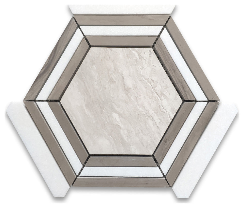 Athens Silver Cream Marble 5" Hexagon Strips Georama Geometric Tile, 1 sheet