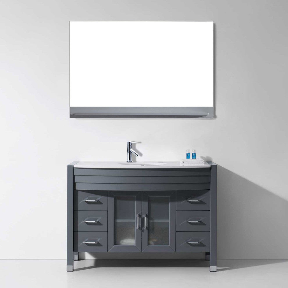 Virtu Ava 48" Single Bathroom Vanity, Gray With White Top, Faucet and Mirror