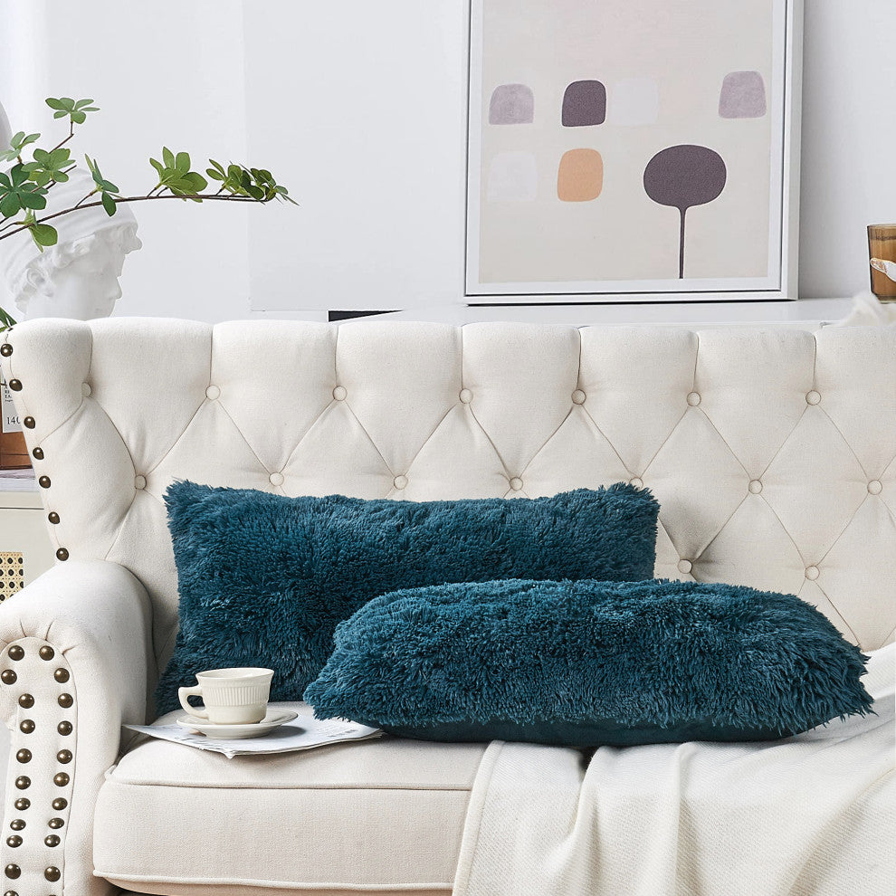 Shaggy Faux Fur Pillow Cover, Teal, Set of 2, 14"x26"