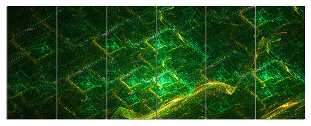 Green Fractal Electric Lightning, Abstract Art on Canvas, 70"x28", 6 Panels