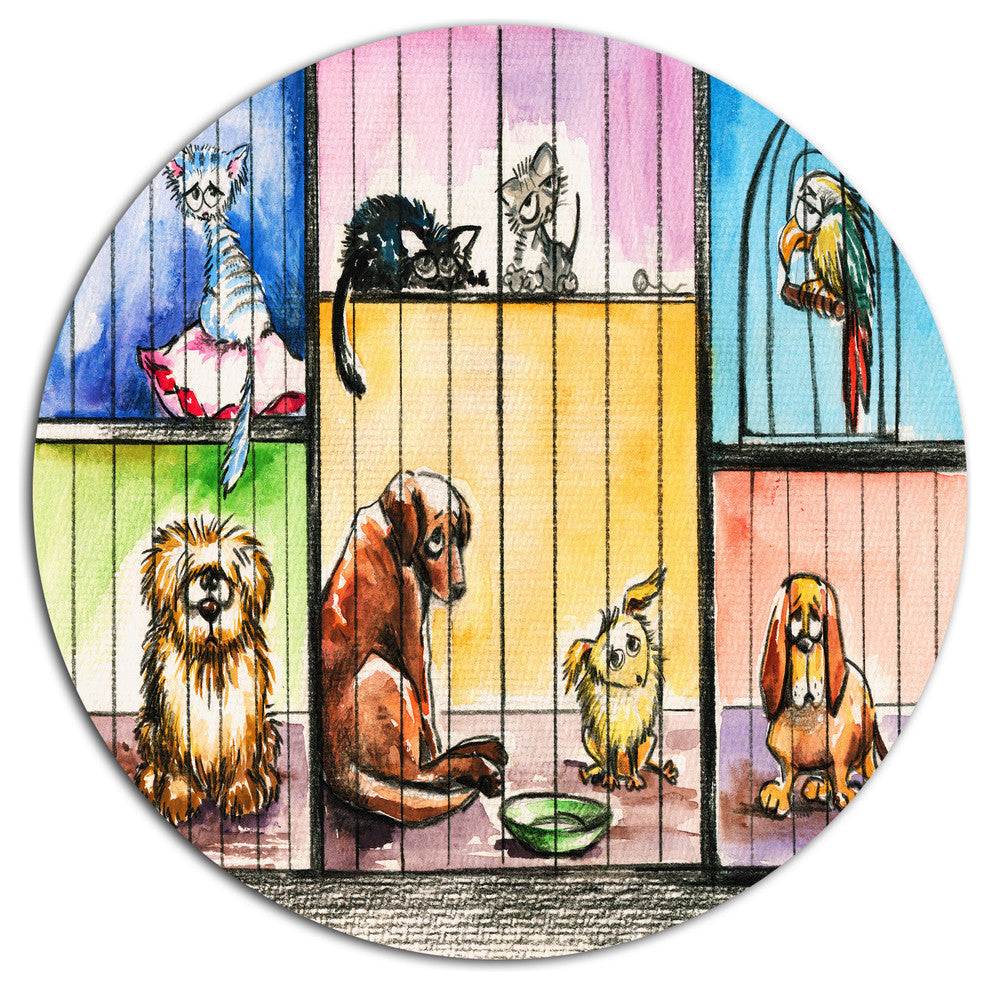 Sad Animals In The Pound, Animal Large Disc Metal Wall Art, 11"