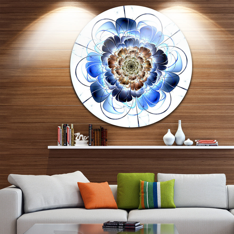 Dark Blue Fractal Flower, Digital Art Floral Disc Metal Wall Art, 23"