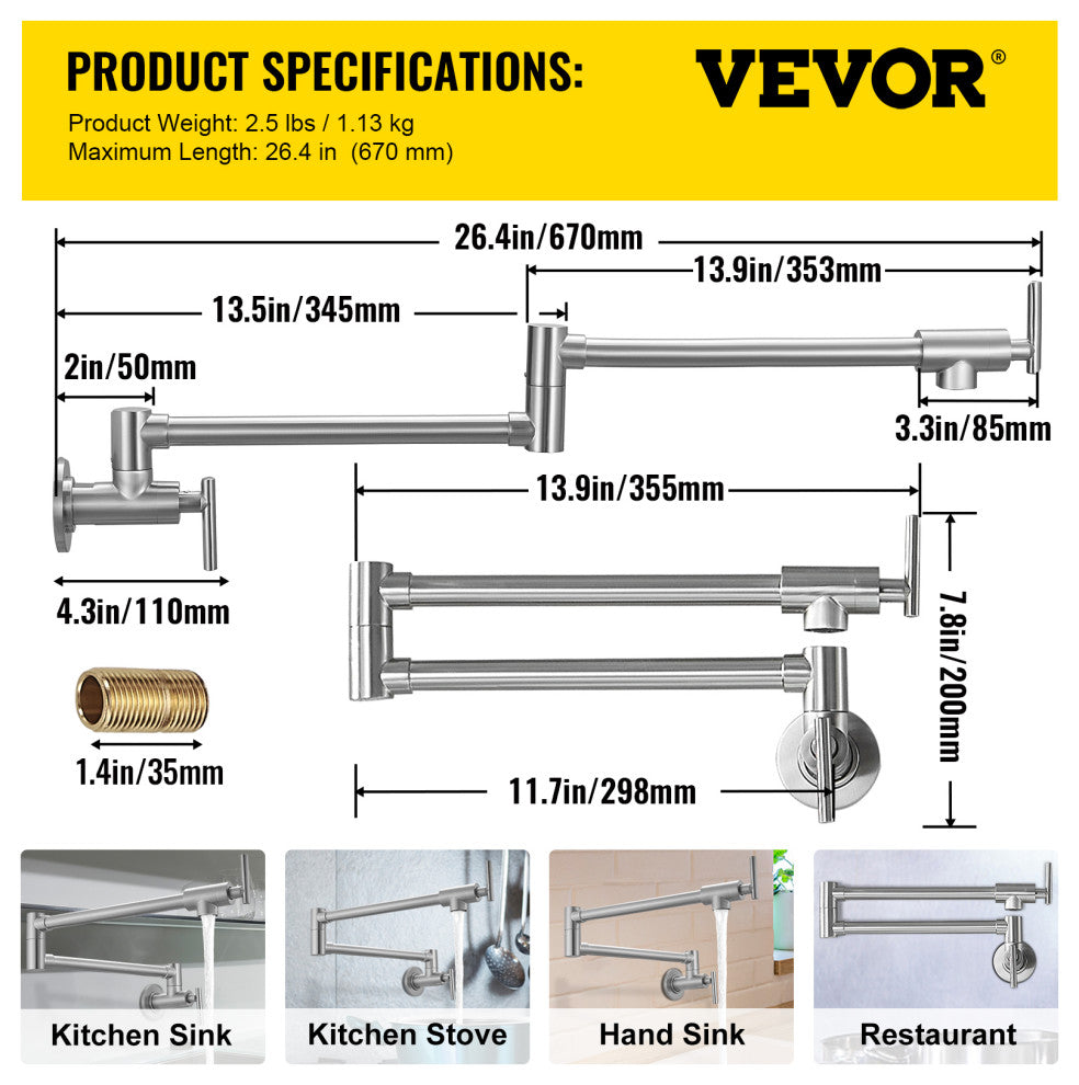 VEVOR Pot Filler Faucet Solid Brass Wall Mount Kitchen Faucet 26.4", Brushed Nickel