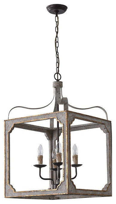 4-Light Lantern Chandelier Square Candelabra Pendant Light, Antique Gray