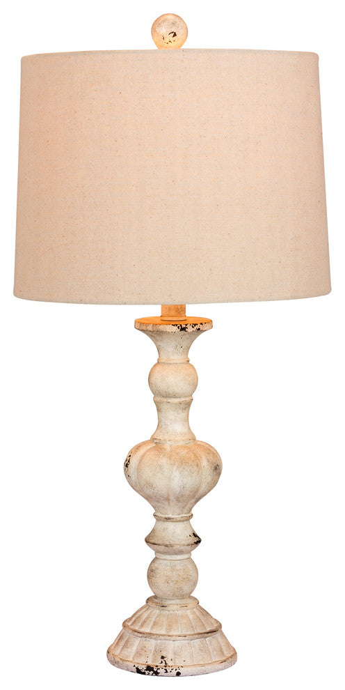 26.5" Distressed, Sculpted Candlestick Resin Table Lamp, Cottage Antique White