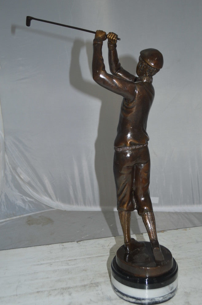 Golfer on Marble Bronze Statue -  Size: 8"L x 8"W x 22"H.
