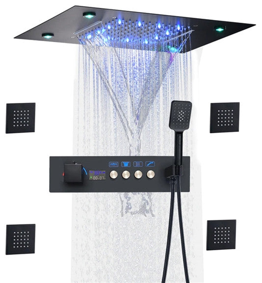 LED Shower System With Hand Shower and Jetted Body Sprays, Black