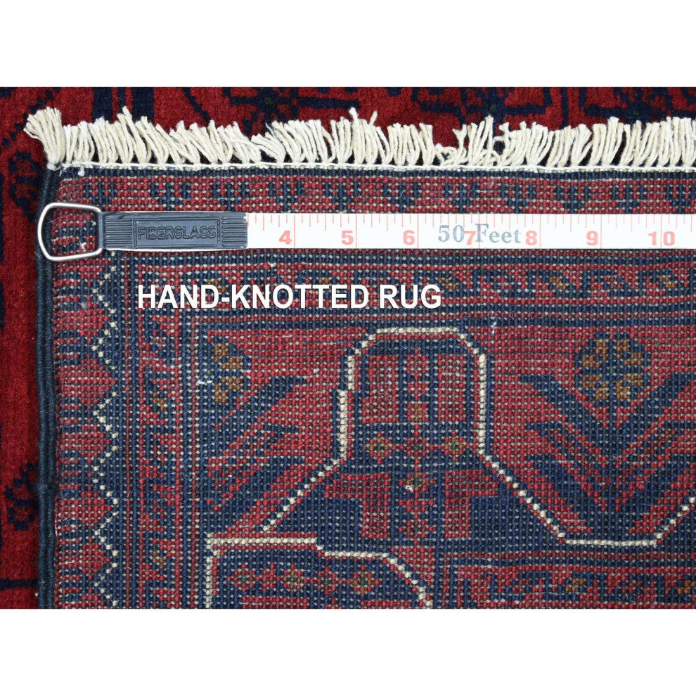 Red Tribal Design Hand Knotted Afghan Khamyab Soft Wool Runner Rug, 2'10"x9'4"