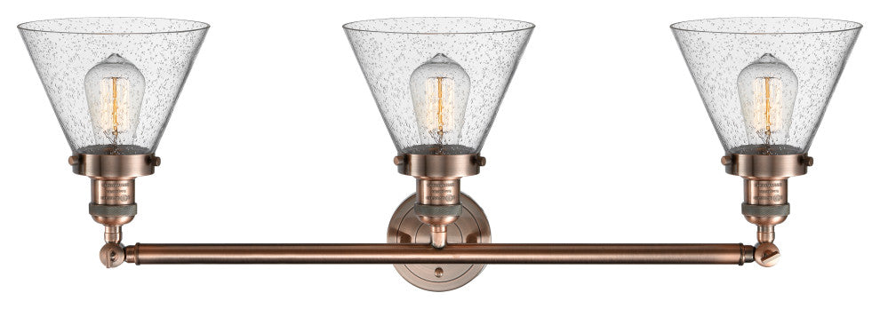 Large Cone 3-Light Bath Fixture, Seedy Glass, Antique Copper
