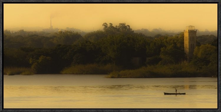 "Fishing At Sunset" Framed Canvas Giclee by Lisandro Trarbach, 25x13"