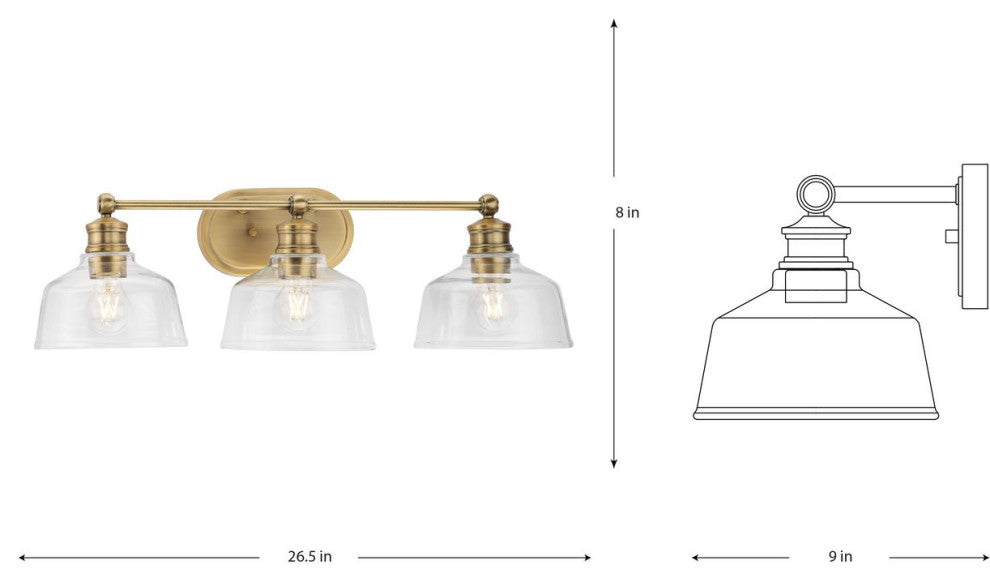 Singleton 3-Light 26.5" Vintage Brass Vanity Light, Clear Glass Shades