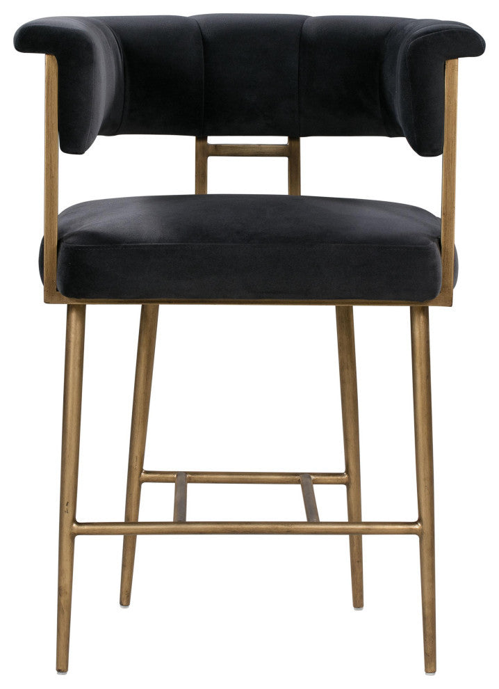 Gray Grey Velvet Counter Stool, Contemporary Modern Brass Gold Counter Stool