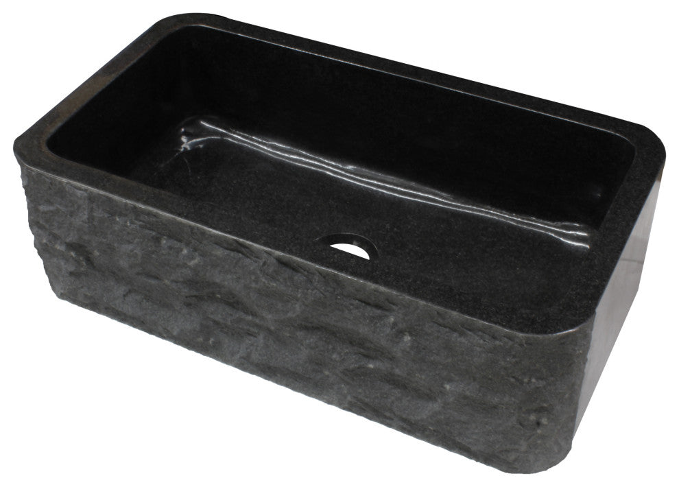 Single Bowl Kitchen Sink, Black Granite With Natural Chiseled Apron
