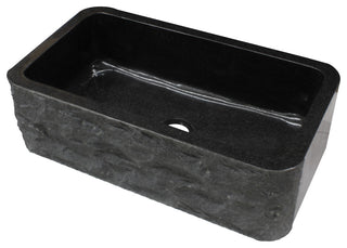 Single Bowl Kitchen Sink, Black Granite With Natural Chiseled Apron