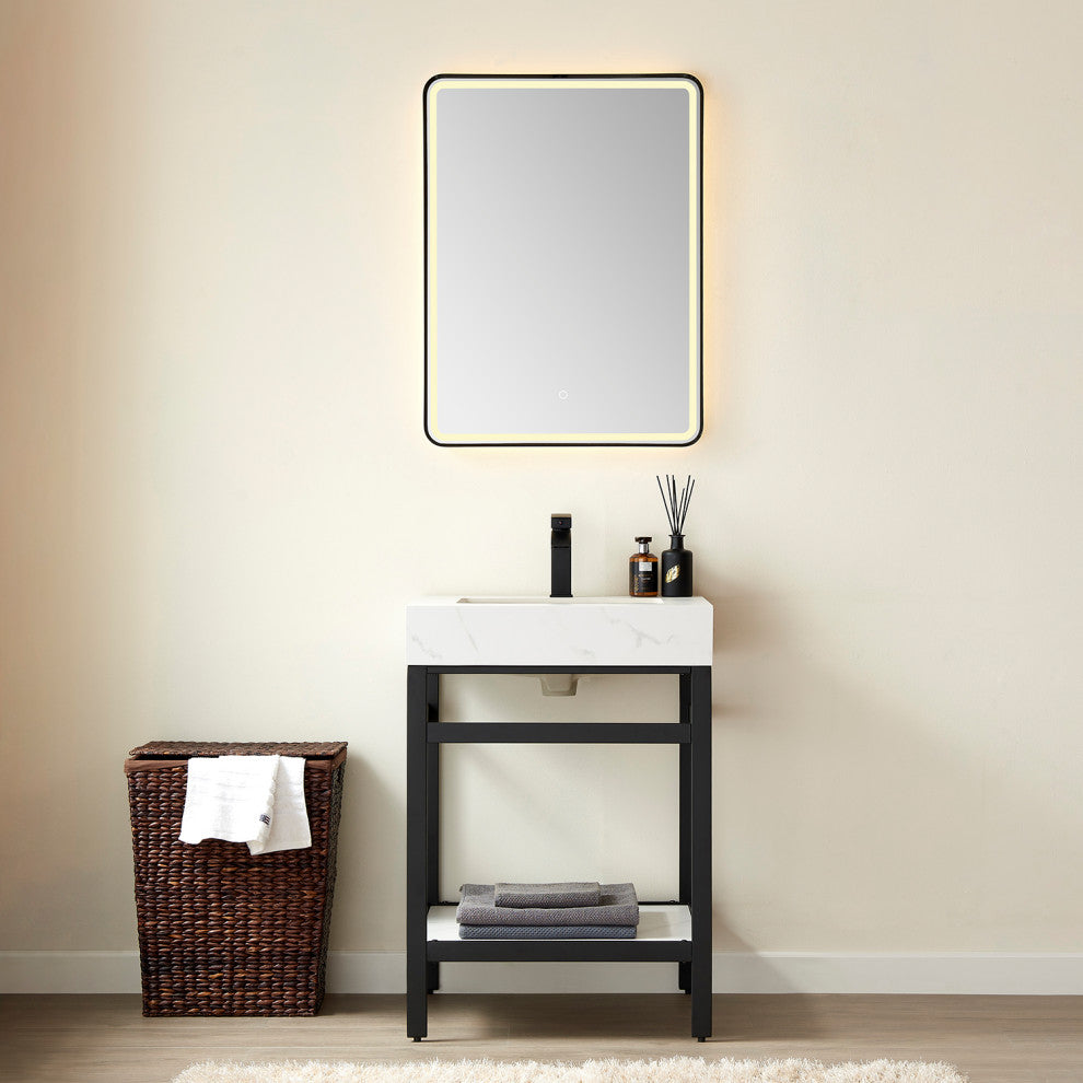Funes Bath Vanity with Mirror, Matte Black Support, 24'''', White Stone Top