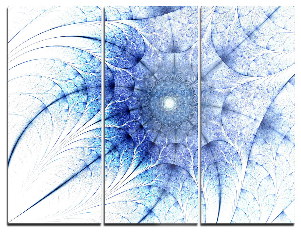 "Symmetrical Blue Fractal Flower on White" Metal Wall Art, 3 Panels, 36"x28"